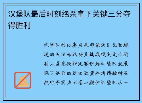 汉堡队最后时刻绝杀拿下关键三分夺得胜利